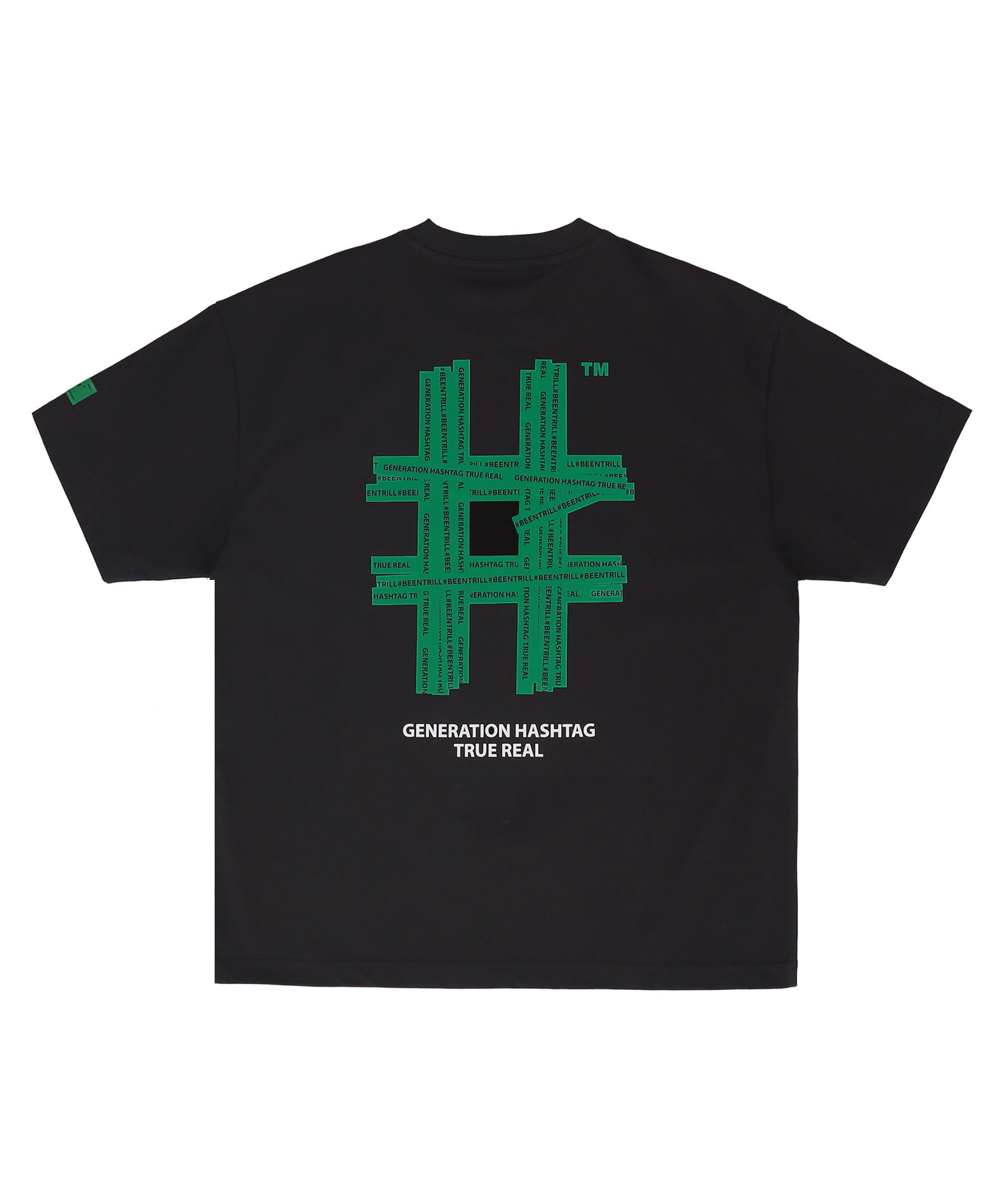 뉴 그린 테이핑 해시태그 오버핏 반팔 티셔츠(블랙)