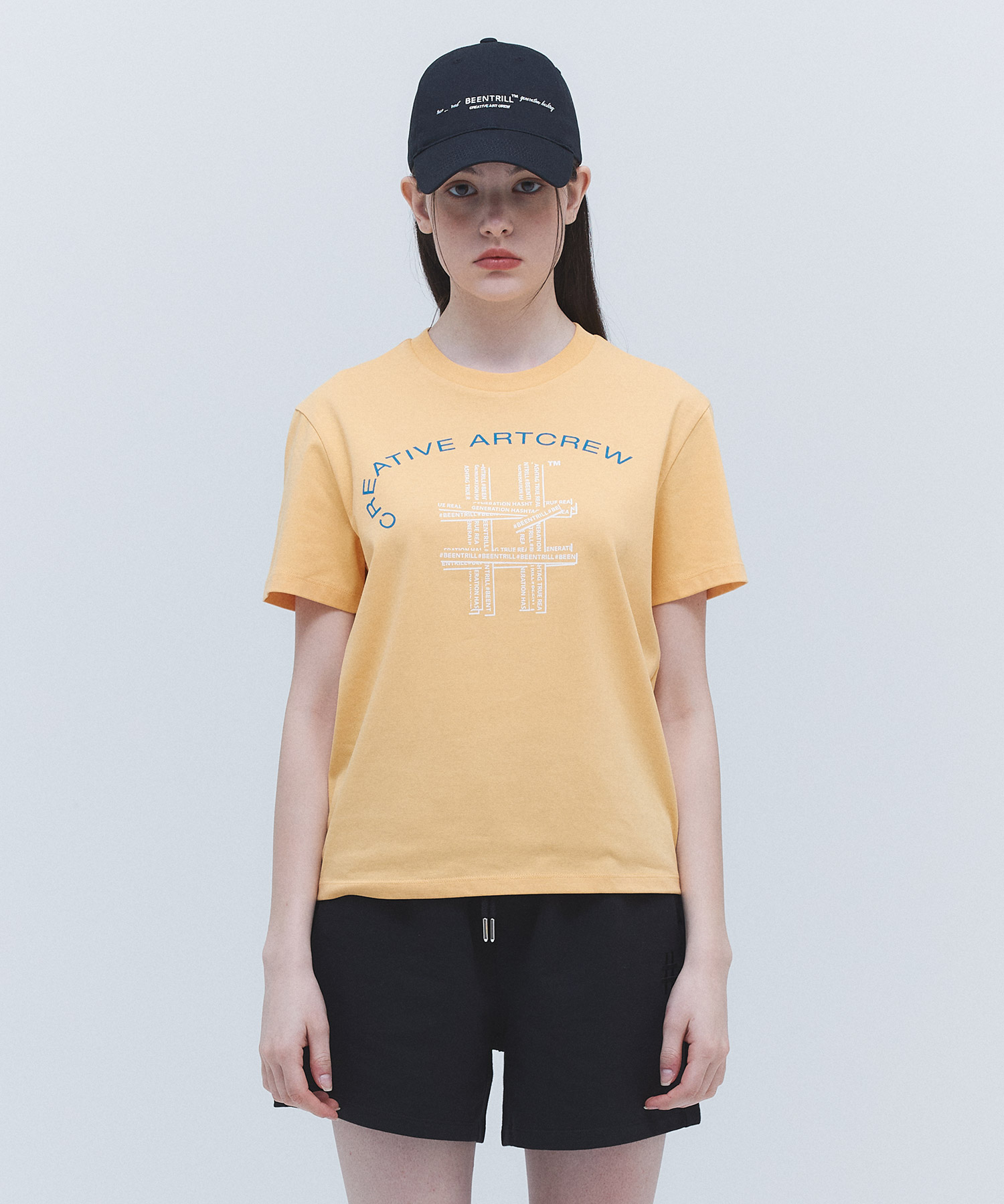 여성 프론트 해시태그 컴포트핏 반팔 티셔츠(네온 오렌지)