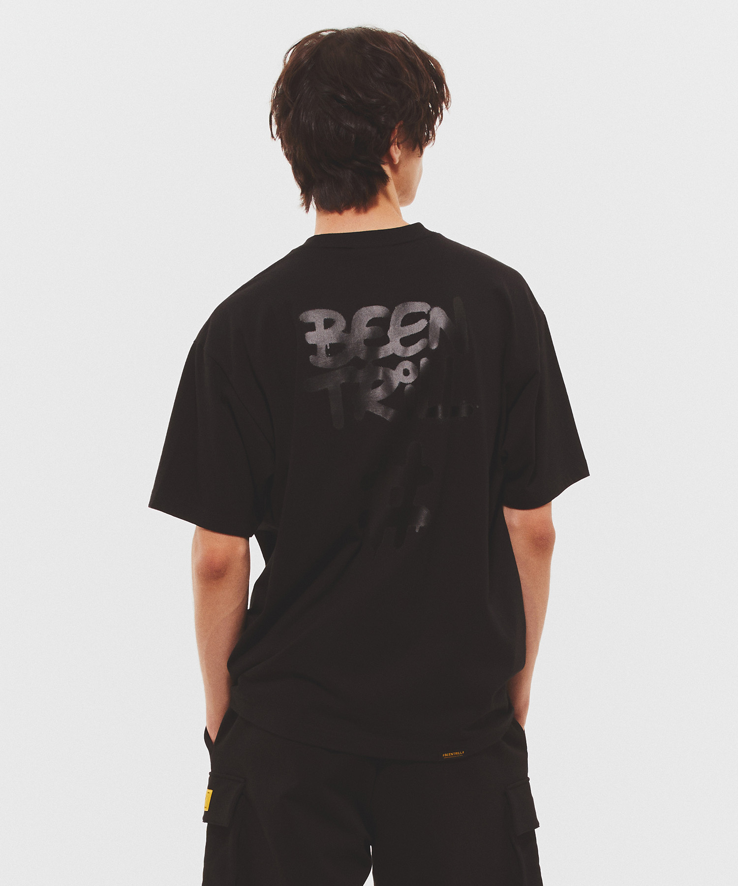 스프레이 해시태그 오버핏 반팔 티셔츠(블랙)