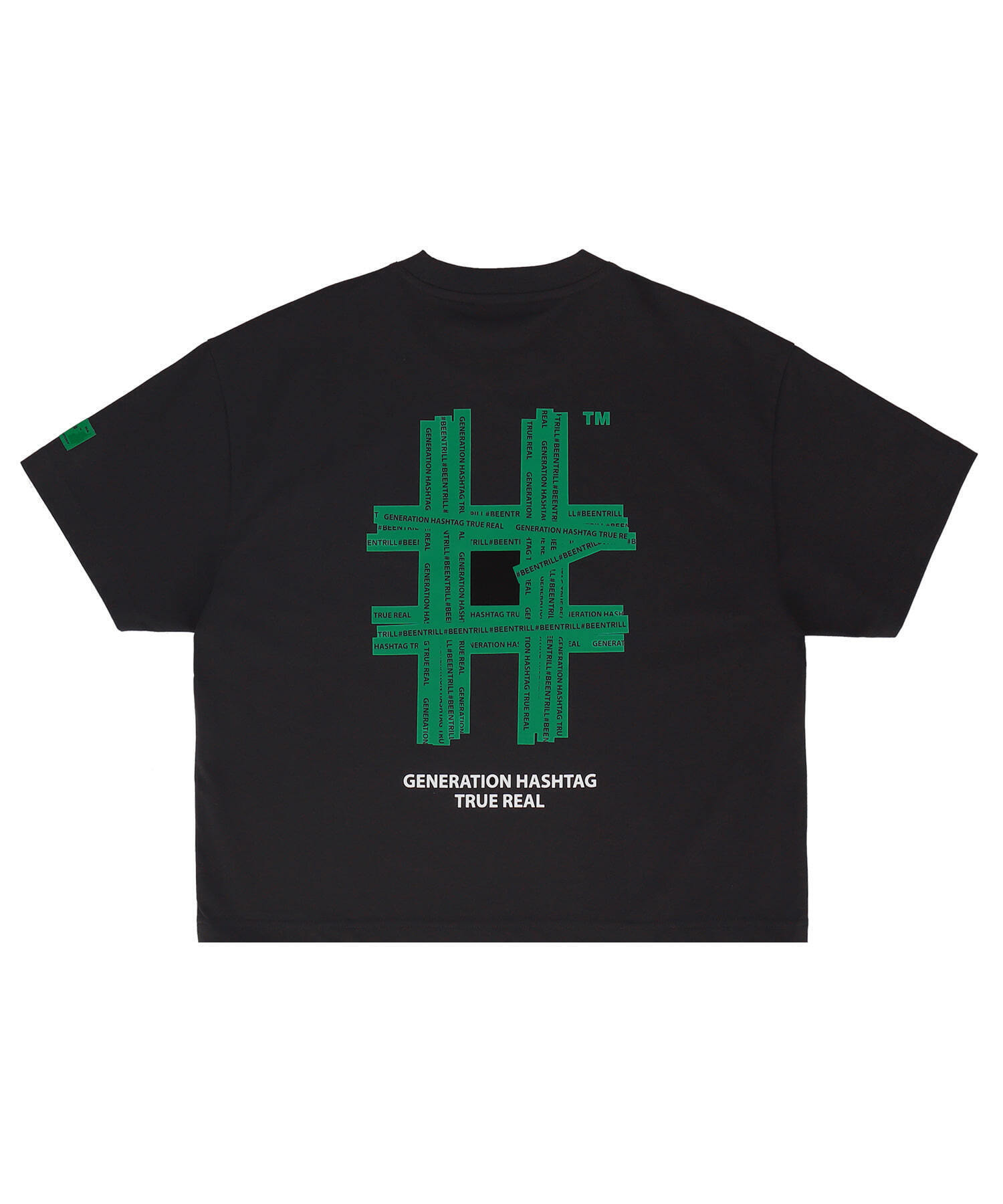 [우먼즈] 뉴 그린 테이핑 해시태그 오버핏 반팔 티셔츠((블랙)